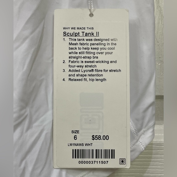 Lululemon White Sculpt Tank II, Size: 6 NWT - Picture 10 of 13